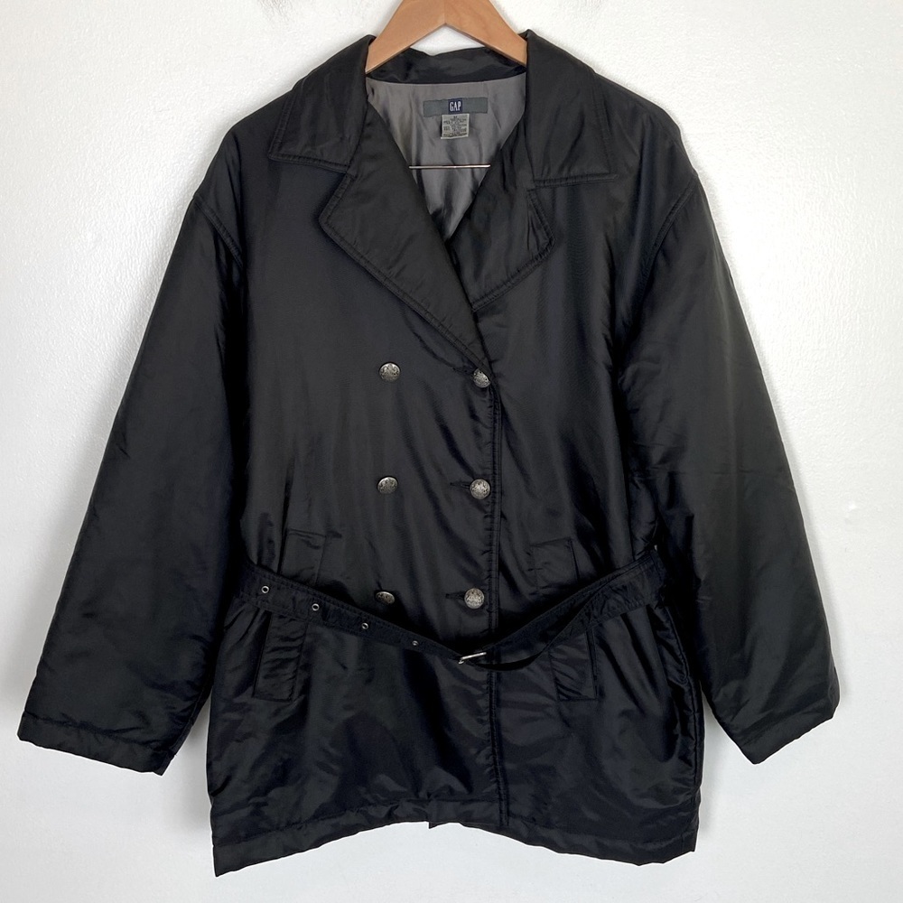 Gap Women Double Breasted Packable Jacket SZ M Nylon Black Belted Elastic Waist